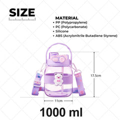 Kuber Industries Pack of 6 Kids Water Bottle With Straw |Cute Teddy Bear Sipper Water Bottle For Kids Boys Girls| Water Bottle with Locking Flip Lid | 1000 ML | Purple | SYZ-7728A