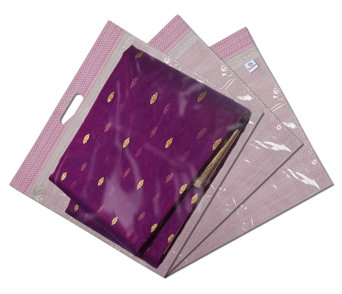 Heart Home Non-Woven Wardrobe Organizer/Gift Bags/Storage Bag For Store Saree, Lehenga, Suit With Transparent Window With Handle- Pack of 3 (Pink)