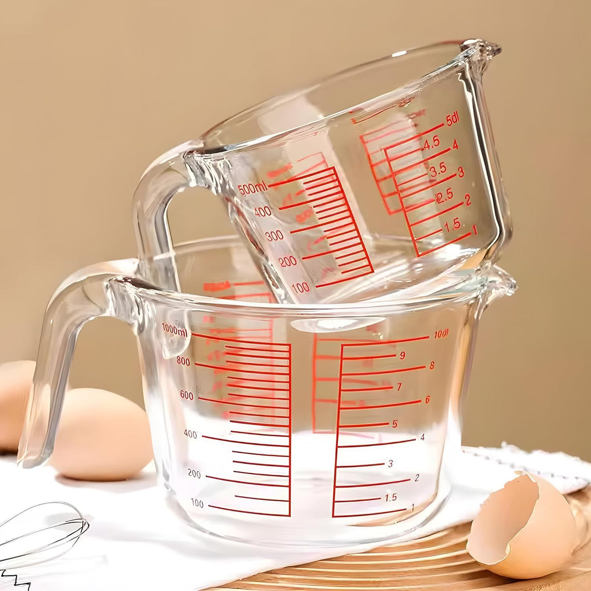 Kuber Industries Pack of 2 Borosilicate Glass Measuring Cup | 500ml & 1000ml | Microwave & Dishwasher Safe | Baking Measuring Cup with Handle | Kitchen Accessory Items