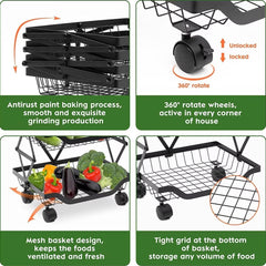 Kuber Industries 4-Layer Collapsible Kitchen Rack|Multipurpose Storage Basket|360-Degree Rotable Kitchen Trolley|Fruit Basket Pack of 6 (Black)