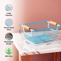 Homestic Metal Mesh Basket for Storage with wooden handle | 360gm | Fruit basket for kitchen | Kitchen organizer | Baskets for organizing home and kitchen | Multipurpose | Blue