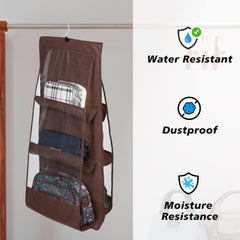Heart Home Hanging Organizer | Handbag Organizer | Hanging Purse for Wardrobe | Transparent Clutch Organizer | Handbag Storage For Closet | 6 Pocket Storage Hanger | Brown