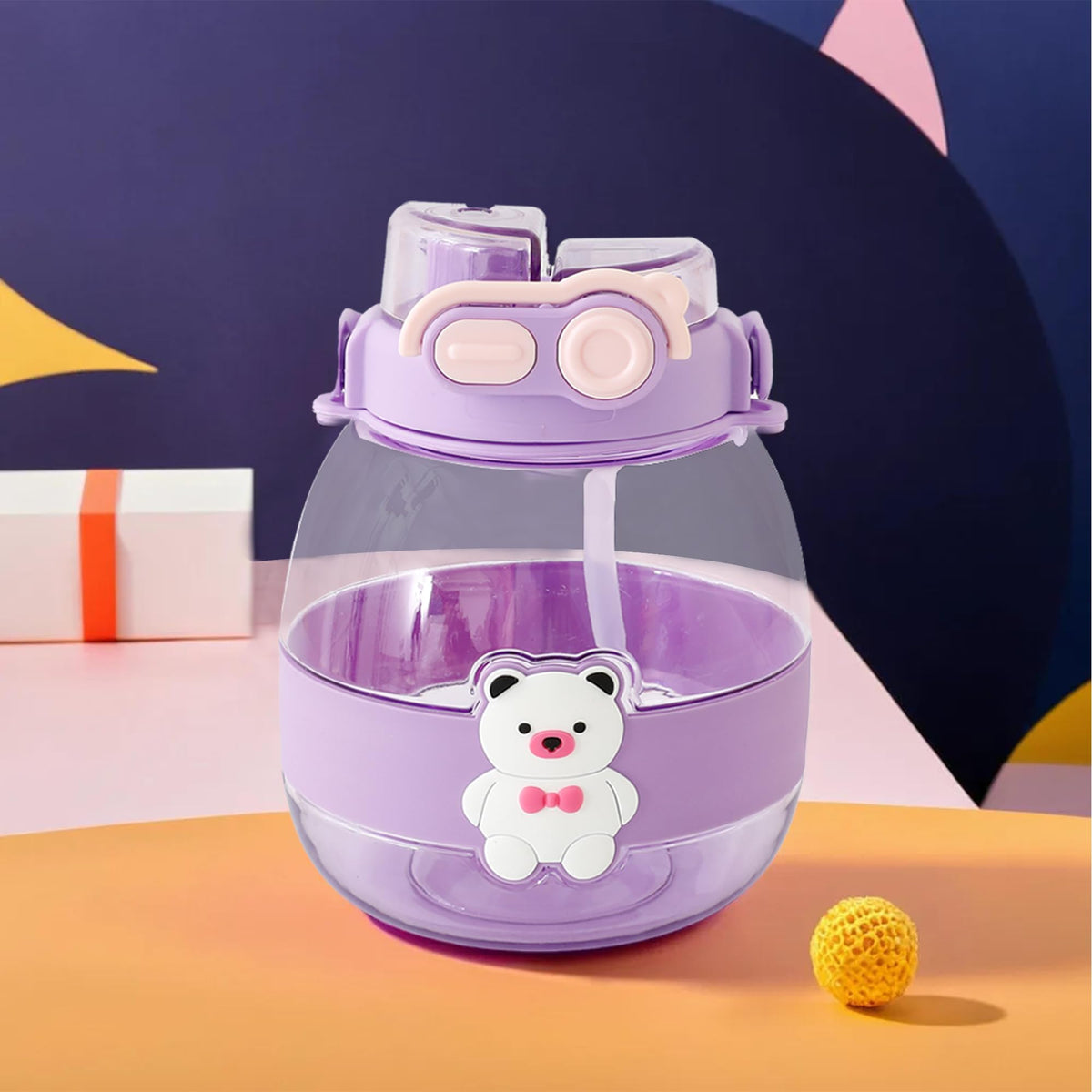 Kuber Industries Pack of 3 Kids Water Bottle With Straw |Cute Teddy Bear Sipper Water Bottle For Kids Boys Girls| Water Bottle with Locking Flip Lid | 1000 ML | Purple | SYZ-7730A