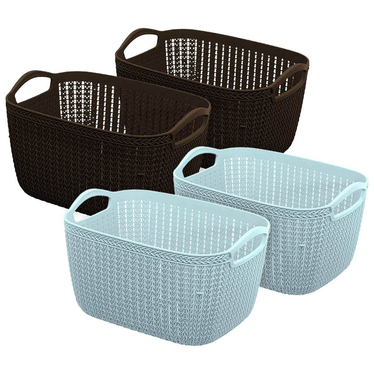 Heart Home Q-6 Designer Plastic Storage Basket For Store Fruits, Vegetables, Magazines, Cosmetics, Stationary Pack of 4 (Blue & Brown)-50HH01704