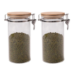 Heart Home Borosilicate Glass Jar with Bamboo Lid | Kitchen Organizer Items & Storage | Multi-utility, Leakproof, Airtight Storage Jar for Cookies, Snacks, Tea, Coffee, Sugar | Set of 2 (1400ml)