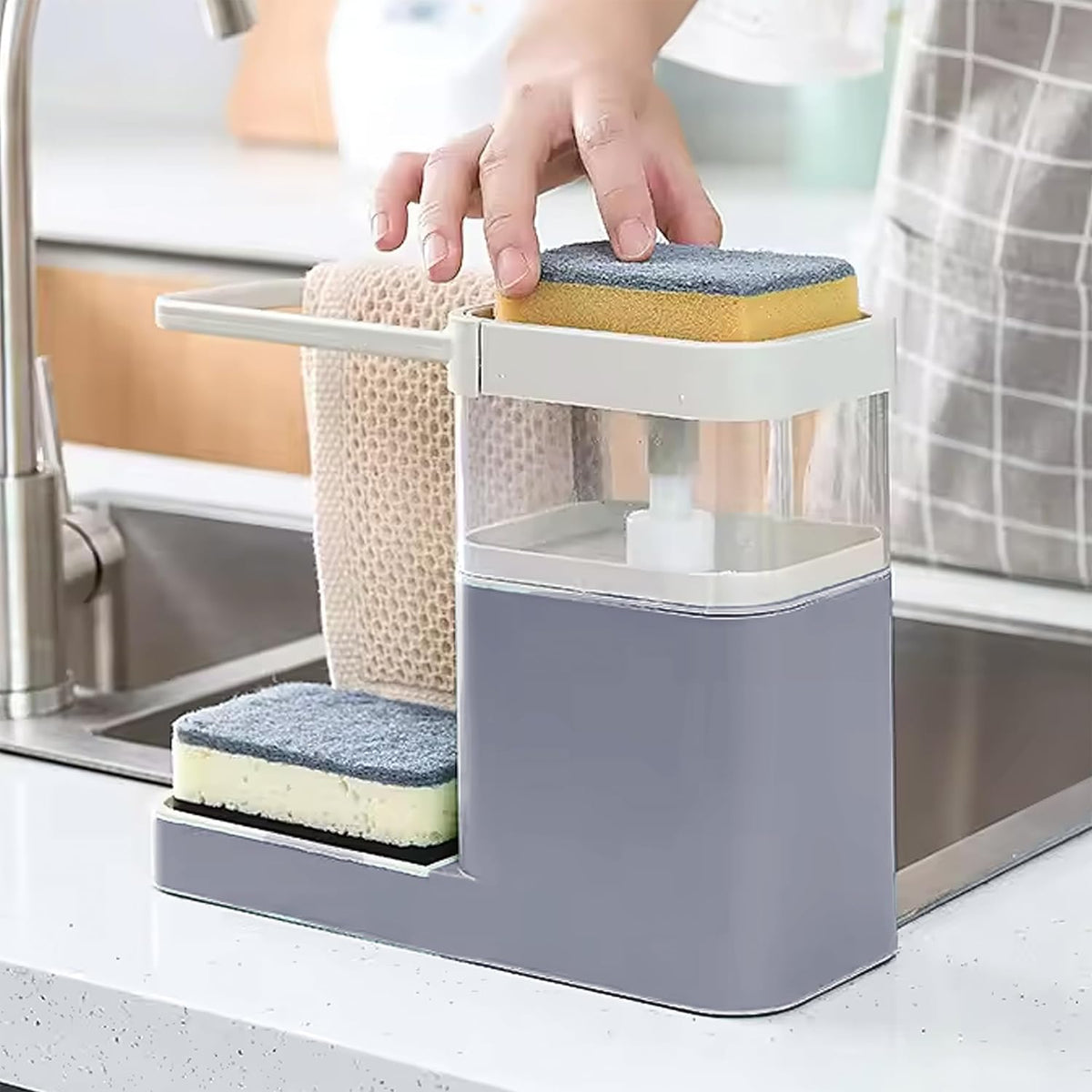 Urbane Home 3-in-1 Soap Dispenser (800ml) with Sponge Holder & Towel Rack | Multifunctional Kitchen Accessories Items for Home | Non-Fragile | Grey