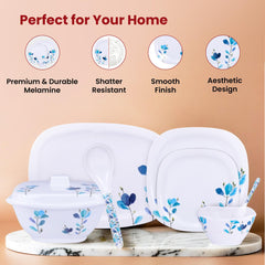 Heart Home 31 Pieces Square Unbreakable Microwave & Dishwasher Safe Melamine Dinnerware Kitchen Crockery Set | Glossy Dinner Sets & Kitchen Set for Home | Blue Floral - White