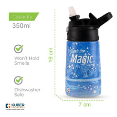 Kuber Industries 350 ml Insulated Water Bottle | Disney Frozen Kids Water Bottle | Stainless Steel Kids Water Bottle | Water Bottle with Push-Button Flip Lid | Bottle For School | Blue | Pack of 5