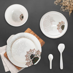 Heart Home 32 Pieces Round Melamine Microwave & Dishwasher Safe Dinnerware Kitchen Crockery Set | Glossy Dinner Sets & Kitchen Set for Home | Stylon Blue Vector Flower - White