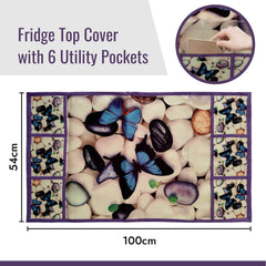 Kuber Industries Fridge Top Cover | Fridge Top Cover with Pockets | Refrigerator Top Cover for Kitchen | Fridge Top Cover with 6 Utility Pockets | Stone Butterfly Fridge Cover | White