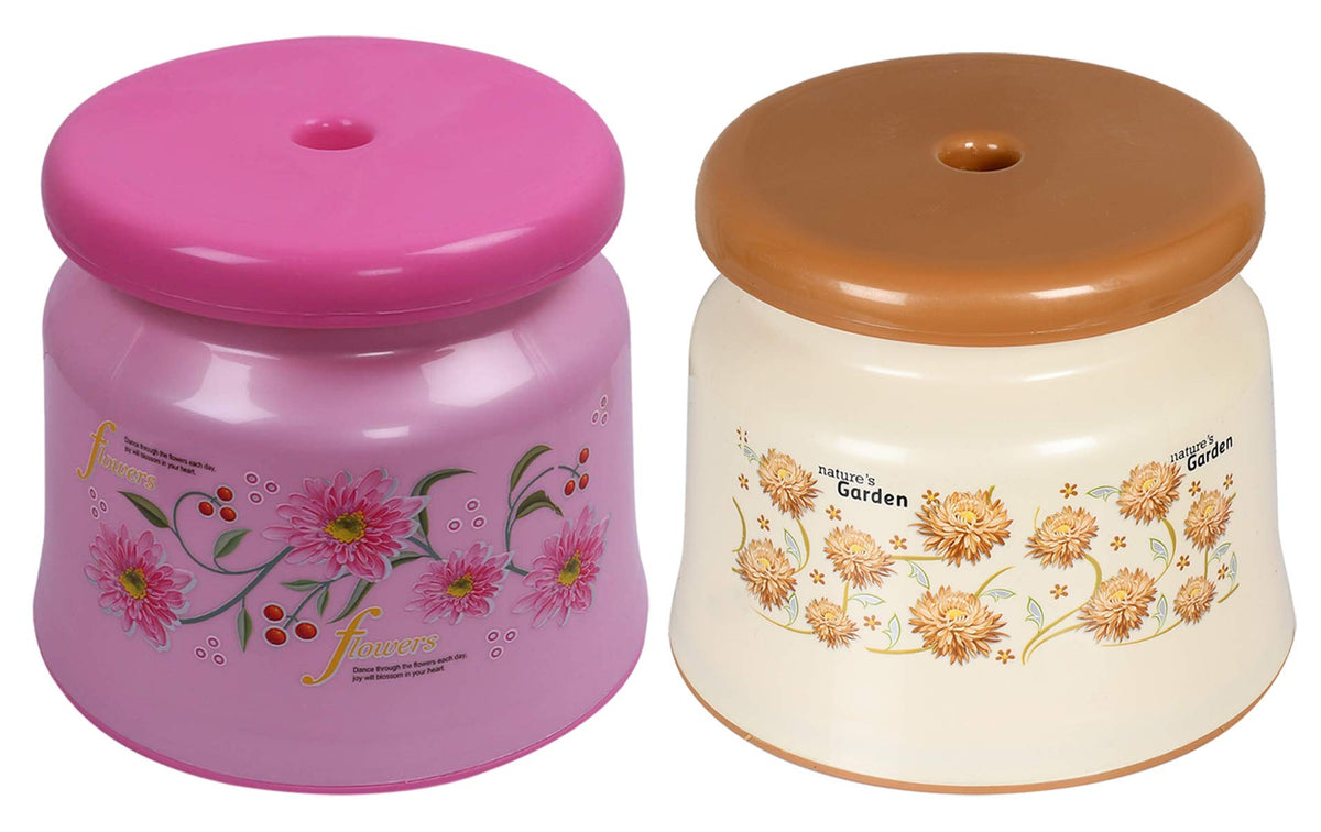 Kuber Industries Round Strong Plastic Stool or Bathroom seat (Pink & Cream)- Pack of 2