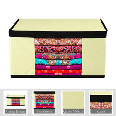 Heart Home Saree Cover | Zip Closure Saree Cover | Clothes Storage Bag | Wardrobe Organiser for Suit | Transparent Window Saree Cover | Plain-Black Border | 9 inch | Pack of 9 | Cream