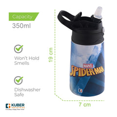Kuber Industries 350 ml Insulated Water Bottle |Spiderman Kids Water Bottle | Stainless Steel Kids Water Bottle | Water Bottle with Push-Button Flip Lid | Bottle For School | Red & Blue | Pack of 3