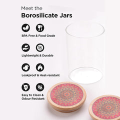 Urbane Home Borosilicate Glass Jar with Printed Bamboo Lid|Kitchen Organizer Items and Storage|Multi-utility, Leakproof, Airtight Storage Jar for Cookies,Snacks,Tea,Coffee,Sugar|Pack of 6(1000ml)