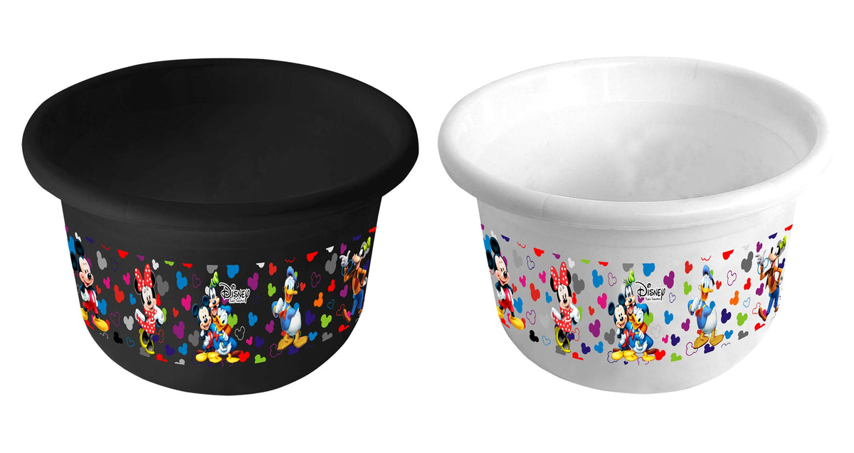 Kuber Industries Disney Team Mickey Print 2 Pieces Unbreakable Plastic Multipurpose Bath Tub/Washing Tub 25 LTR (Black & White) -HS_35_KUBMART17479