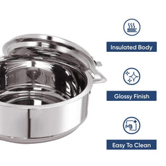 Heart Home 1.5L Stainless Steel Insulated Casserole for Roti, Puri & Chapati with Lid | Heat Retaining Body & Easy Lock Lid Mechanism Hotpot Roti Box for Home & Kitchen | Silver