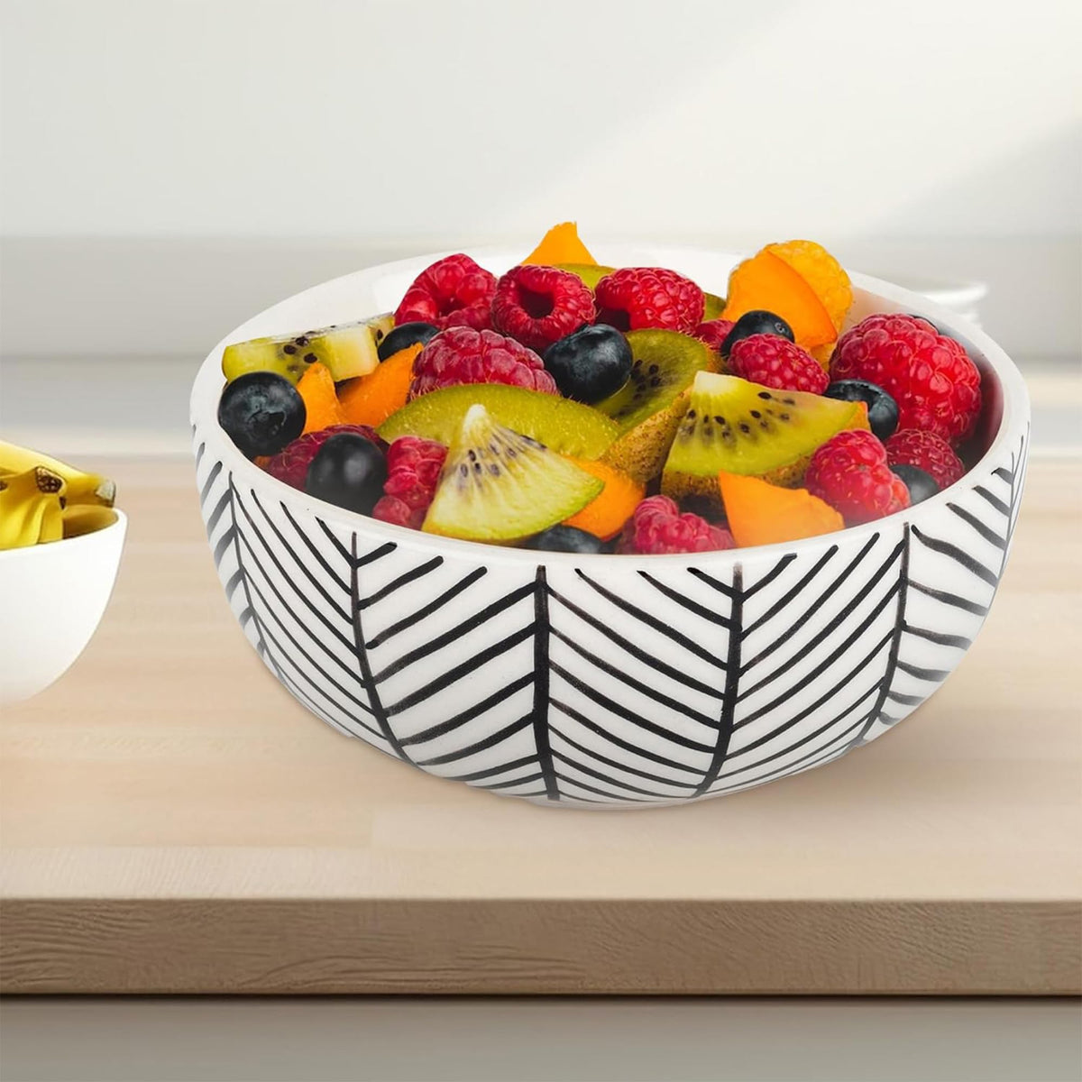 Kuber Industries Ceramic Food Bowl Set | Chini Mitti Bowl | Microwave, Dishwasher Safe Ceramic Bowl | Black Strips Print - White