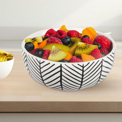 Kuber Industries Ceramic Food Bowl Set | Chini Mitti Bowl | Microwave, Dishwasher Safe Ceramic Bowl | Black Strips Print - White
