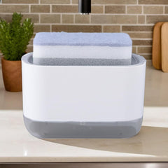 Urbane Home 2 in 1 Press Soap Dish for Kitchen with Sponger Holder | 300 ml | Hollow Design | Durable & Smooth Body | Soap Dispenser for Bathroom & Kitchen | Dishwashing Liquid Dispenser | White