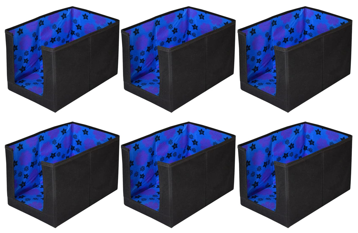 Heart Home Flower Printed Multiuses Non-Woven Closet Organizer With Handles- Pack of 6 (Black & Blue) -HS43HEARTH26525