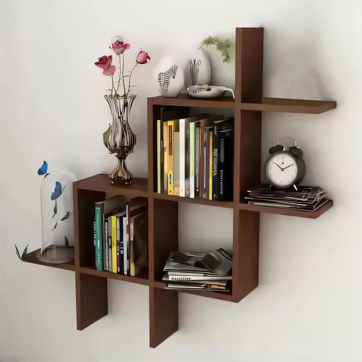 Heart Home Durable Wooden Sturdy & Long Lasting Floating Wall Mount Wooden Wall Shelf for Bedroom & Living Room | Furniture Wall Rack Shelf for Decor | Brown