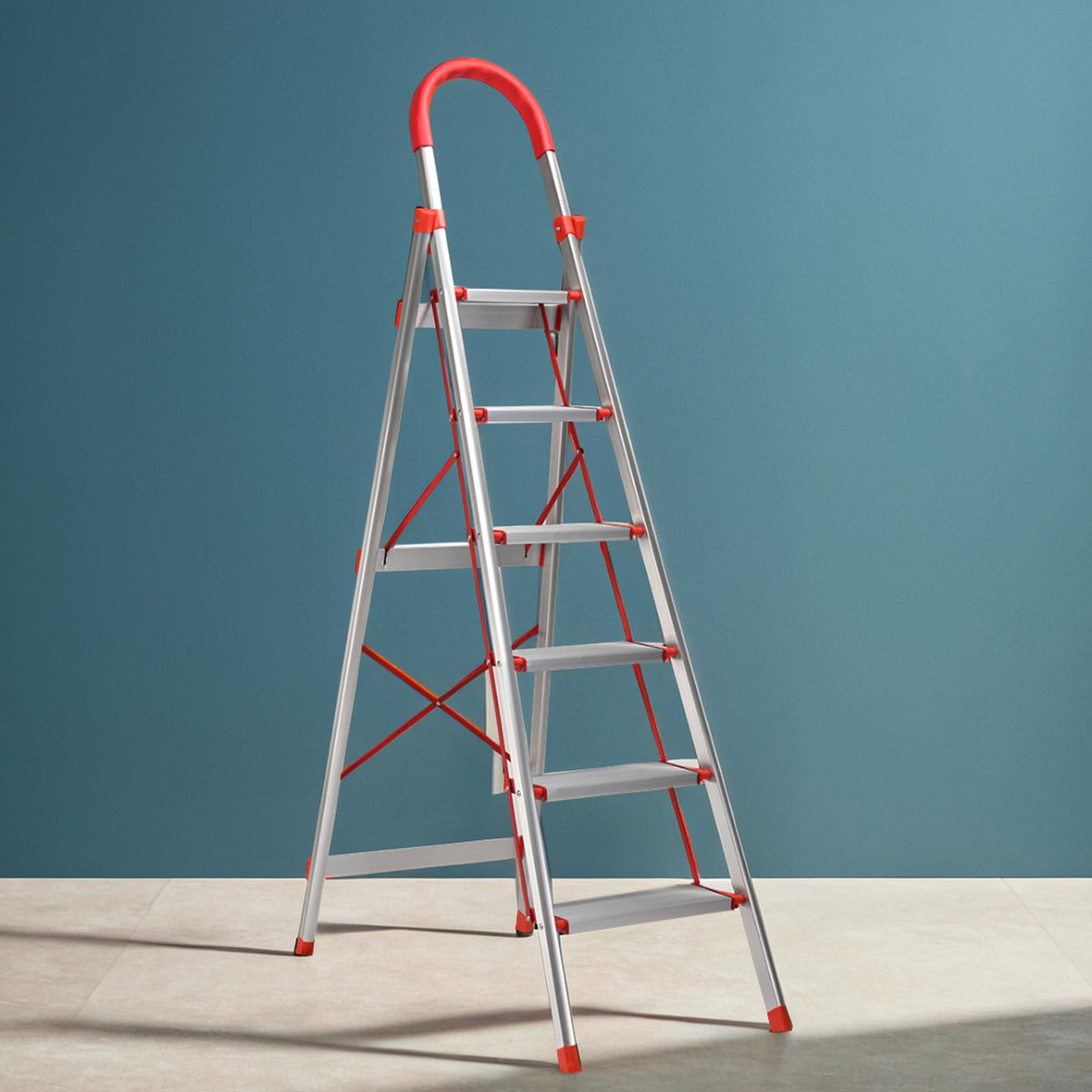 Kuber Industries 6 Step Heavy-Duty Foldable Aluminium Ladder with Wide Pedals and Hand Grip for Home and Office Use | Anti Slip Step Staircase for Home | Supports 150+ Kgs | Silver & Red