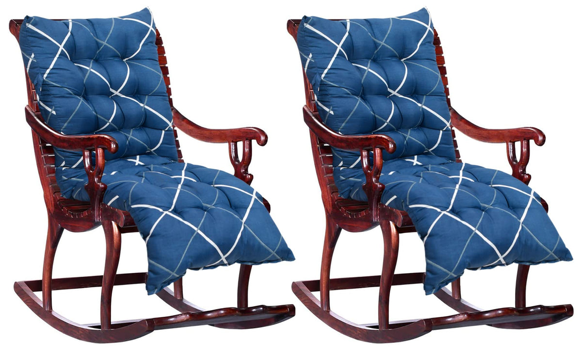 Heart Home Geomatric Printed Microfiber Comfortable, Soft, Long Back & Seat Rocking Chair, Lounger Cushion for Indoor/Outdoor with Ties, 18 * 46 Inch- Pack of 2 (Blue)