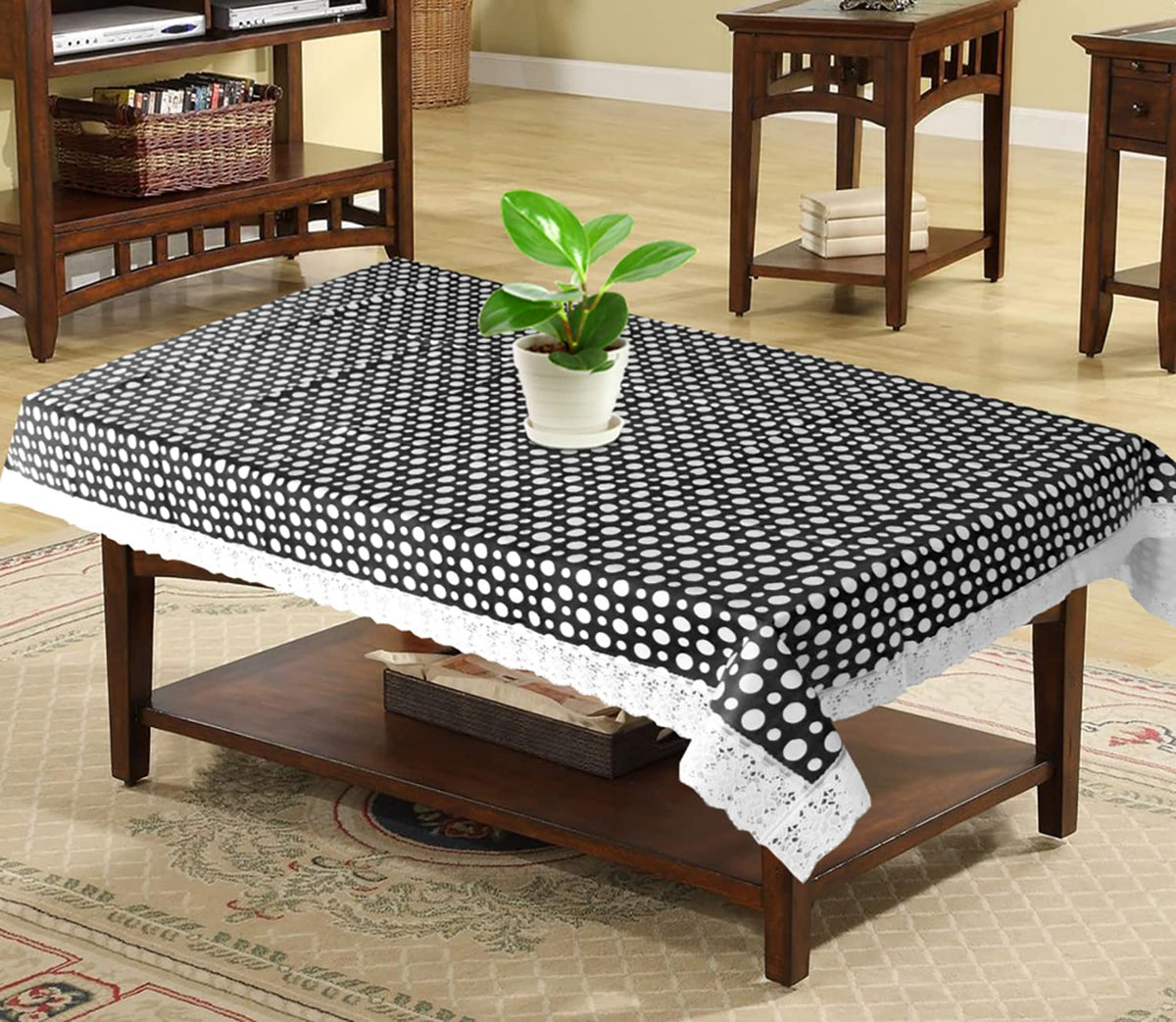Heart Home Dot Design PVC 4 Seater Center Table Cover 40"x60" (Black & White)-HS43HEARTH25563