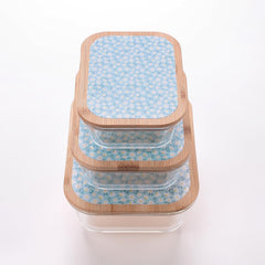 Kuber Industries Pack of 3 Borosilicate Glass Kitchen Containers with Bamboo Lid | 370ml 640ml 1060ml | Airtight Rectangular Fridge Storage Boxes |Kitchen organizer items & storage Dandy Diasies Print