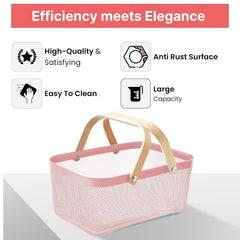 Heart Home Metal Mesh Basket for Storage with wooden handle | 720Gm | Fruit Basket & Vegetable Basket for Kitchen | Kitchen Organizer | Baskets for Organizing Home | Pink | Multipurpose |