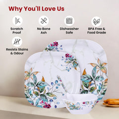 Kuber Industries 31 Pieces Square Unbreakable Microwave & Dishwasher Safe Melamine Dinnerware Kitchen Crockery Set | Glossy Dinner Sets & Kitchen Set for Home | Green Floral - White