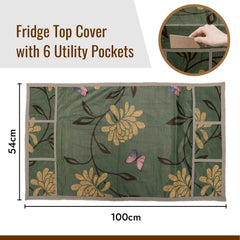 Kuber Industries Fridge Top Cover | Fridge Top Cover with Pockets | Refrigerator Top Cover for Kitchen | Fridge Top Cover with 6 Utility Pockets | Flower Fridge Cover | Green
