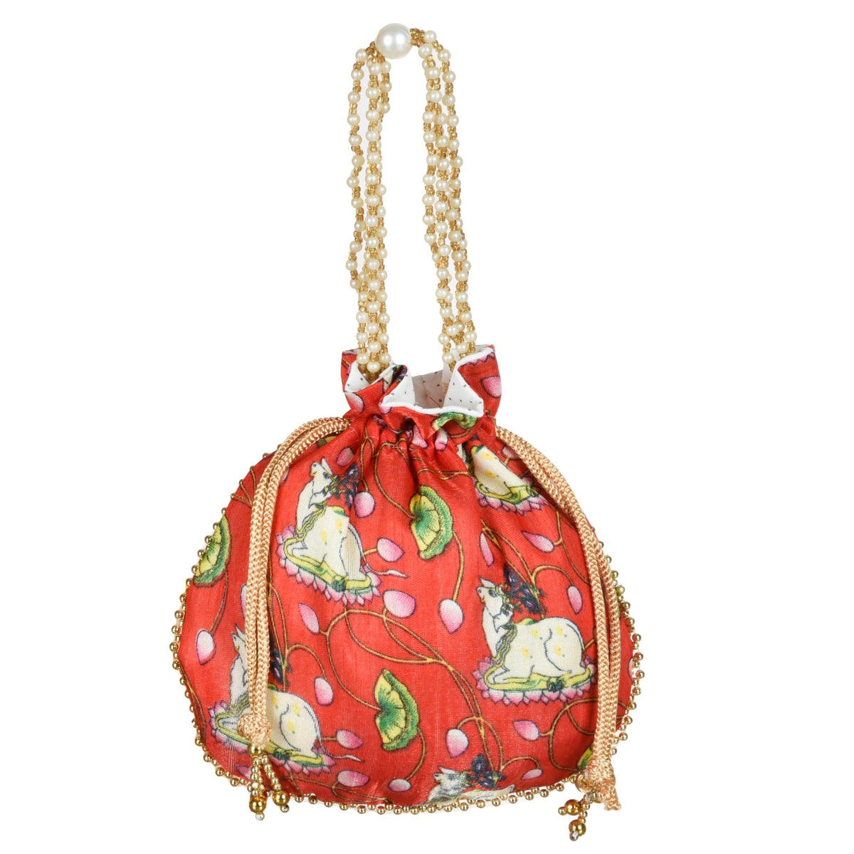 Heart Home Potli|Silk Wedding Potli|Wallet Potli|Christmas Gift Potli|Baby Shower Potli|Traditional Shagun Potli|Drawstring with Beads Handle Potli|Cow-Design Patli Potli|Red