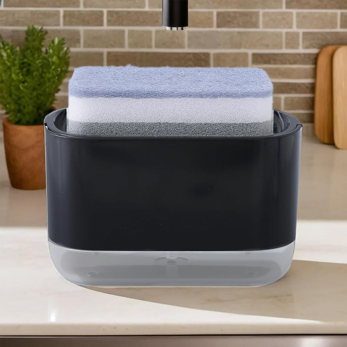 Heart Home 2 in 1 Press Soap Dish for Kitchen with Sponger Holder | 300 ml | Hollow Design | Durable & Smooth Body | Soap Dispenser for Bathroom & Kitchen | Dishwashing Liquid Dispenser | Black
