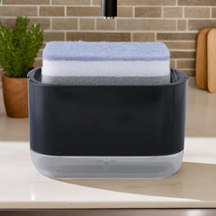 Heart Home 2 in 1 Press Soap Dish for Kitchen with Sponger Holder | 300 ml | Hollow Design | Durable & Smooth Body | Soap Dispenser for Bathroom & Kitchen | Dishwashing Liquid Dispenser | Black