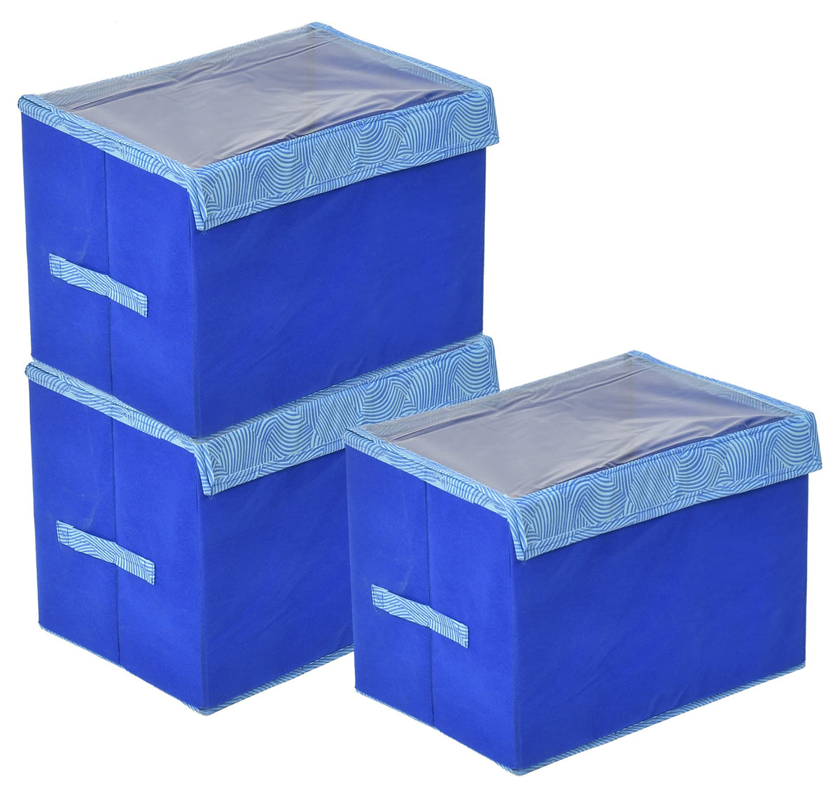 Kuber Industries Lehariya Printed Multiuses Small Non-Woven Storage Box/Organizer With Tranasparent Lid- Pack of 3 (Blue) -44KM0453
