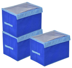 Kuber Industries Lehariya Printed Multiuses Small Non-Woven Storage Box/Organizer With Tranasparent Lid- Pack of 3 (Blue) -44KM0453