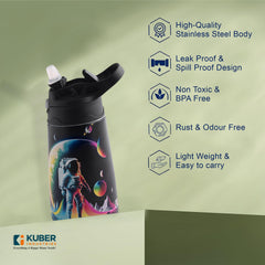 Kuber Industries 350 ml Insulated Water Bottle | Space Kids Water Bottle | Stainless Steel Kids Water Bottle | Water Bottle with Push-Button Flip Lid | Bottle For School | Multicolor | Pack of 6