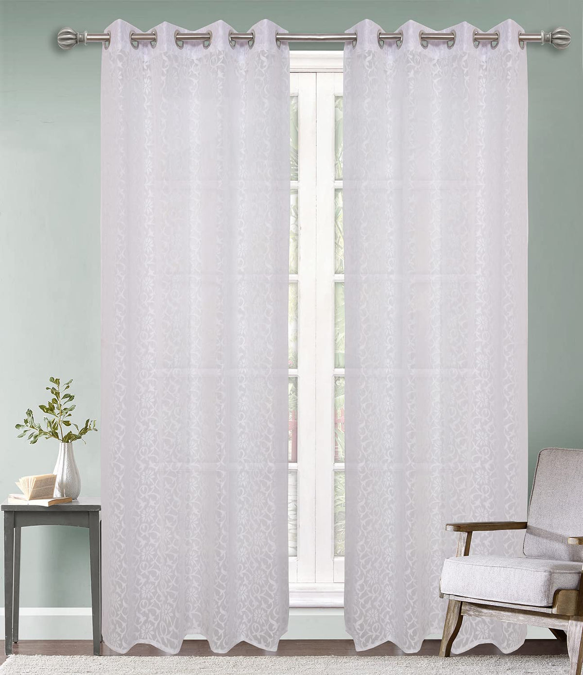 Kuber Industries Flower Design 7 Feet Door Curtain for Living Room, Bed Room, Kids Room with 8 Eyelet Pack of 2 (White) 54KM3940