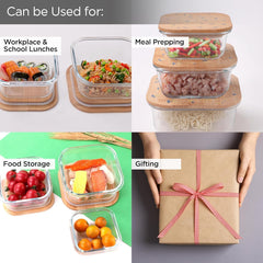 Heart Home Pack of 3 Borosilicate Glass Kitchen Containers with Bamboo Lid | 310ml 510ml 800ml | Airtight Square Fridge Storage Boxes | Glass Jars for Cereal, Dry Fruits | Happy Dance Print