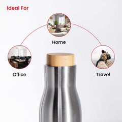 Kuber Industries 1500 ml Flask LeakProof Hot & Cold Stainless Steel Water Bottle with Bamboo Wooden Lid | Stain Resistent Insulated Thermos Water Bottle for Adults & Office | Silver