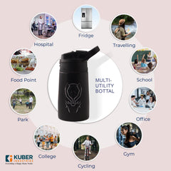 Kuber Industries 350 ml Insulated Water Bottle | Black Panther Kids Water Bottle | Stainless Steel Kids Water Bottle | Water Bottle with Push-Button Flip Lid | Bottle For School | Black | Pack of 5