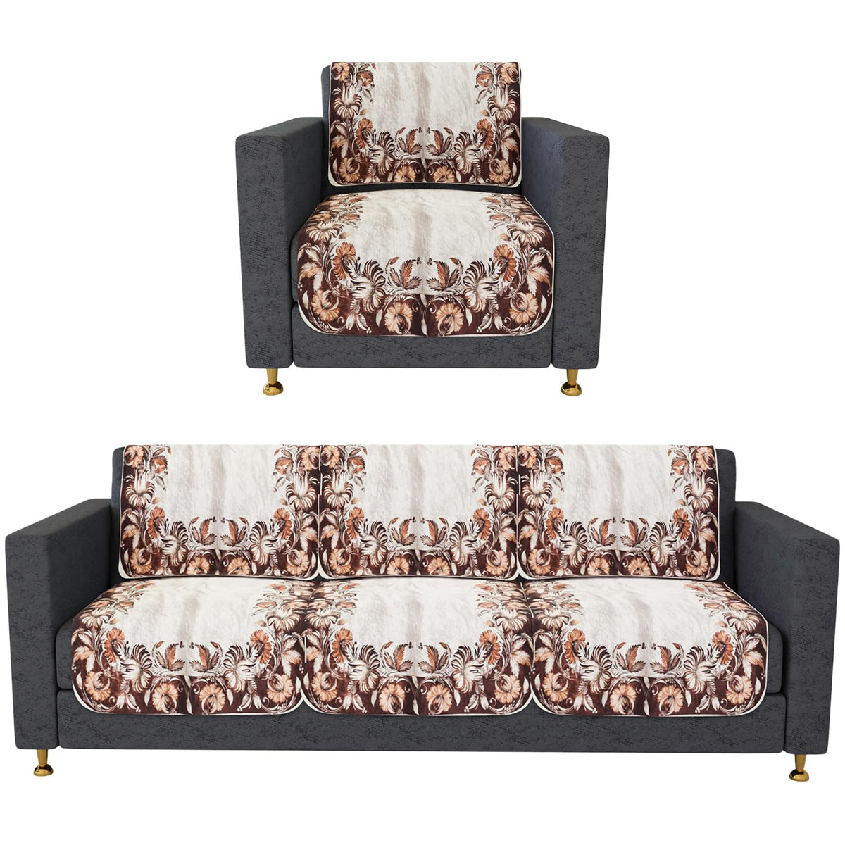 Heart Home Sofa Cover | 3+1 Seater Sofa Slip Cover Set | Brown Flower Sofa Cover | Velvet Couch Cover | Sofa Slipcover Set | Sofa Cover for Living Room | Cream
