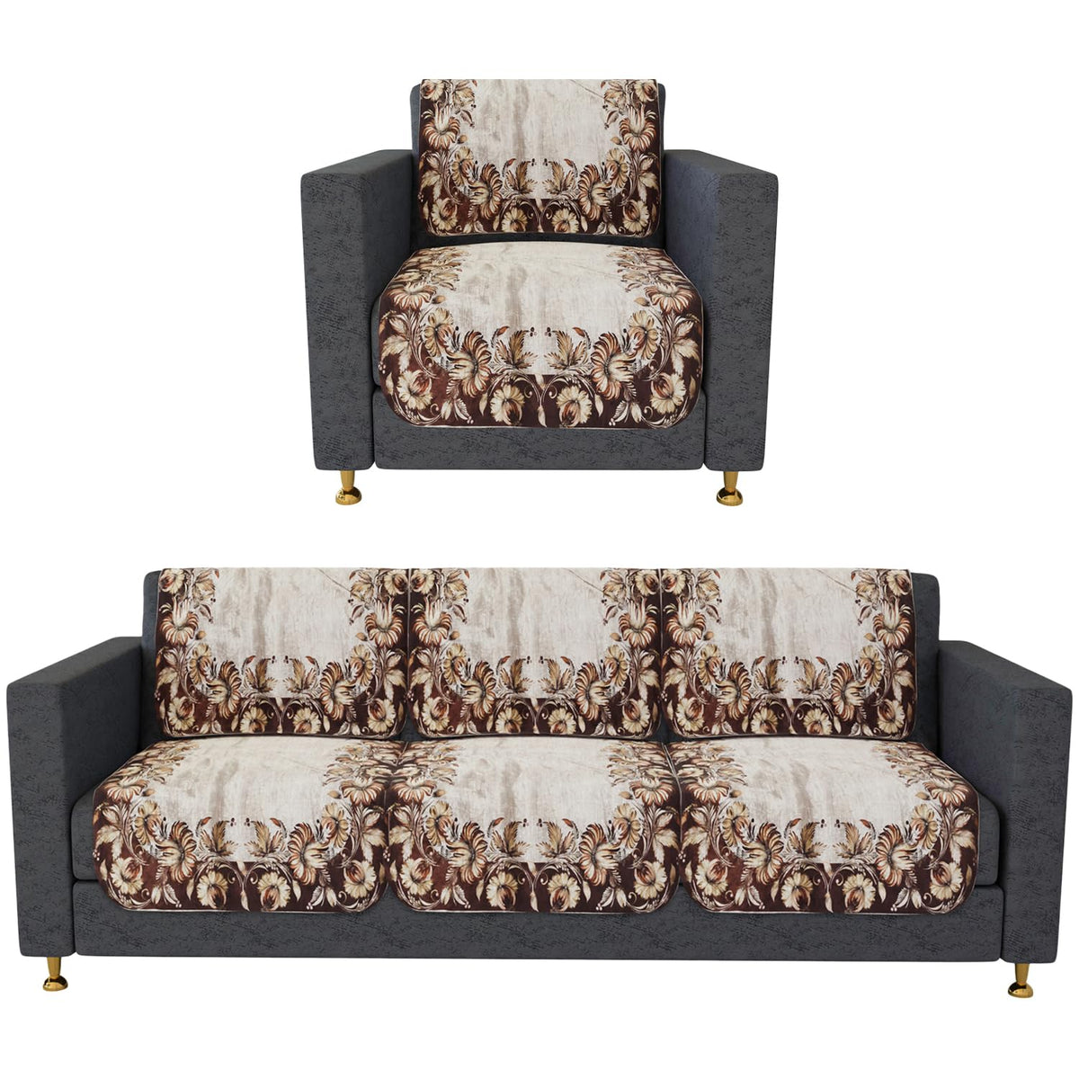 Heart Home Sofa Cover | 3+1 Seater Sofa Slip Cover Set | Brown Flower Sofa Cover | Velvet Couch Cover | Sofa Slipcover Set | Sofa Cover for Living Room | Golden