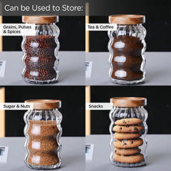 Urbane Home Borosilicate Glass Jar with Acacia Lid | Kitchen Organizer Items & Storage | Multi-utility, Leakproof, Airtight Storage Jar for Cookies, Snacks, Tea, Coffee, Sugar | Set of 2 (750ml)