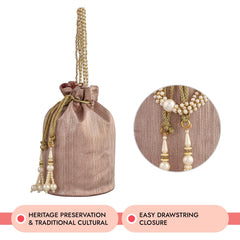 Heart Home Potli | Polyester Wedding Potli | Beads Handle Potli | Wallet Potli for Woman | Christmas Gift Potli | Baby Shower Potli | Metallic Shining Potli | Pink