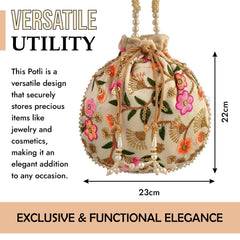 Kuber Industries Potli|Silk Wedding Potli|Christmas Gift Potli|Baby Shower Potli|Traditional Shagun Potli|Drawstring with Beads Handle Potli|New Flower Embroidery Potli|Pack of 2|Cream