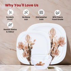 Kuber Industries 31 Pieces Square Unbreakable Microwave & Dishwasher Safe Melamine Dinnerware Kitchen Crockery Set | Glossy Dinner Sets & Kitchen Set for Home | White Rose - White