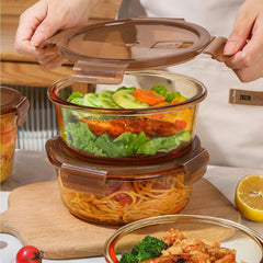 Kuber Industries Pack of 3 Borosilicate Glass Kitchen Containers Set with Airvent Pp Lid | Airtight Round Fridge Storage Boxes for Grains, Pulses, Spices, Snacks | 365ml 580ml 890ml | Light Orange