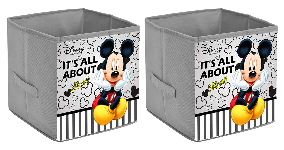 Kuber Industries Disney Mickey Printed Non-Woven Foldable Storage Bin/Cube/Organizer For Toys, Clothes And Books With Handles- Pack of 2 (Grey) -HS43KUBMART26272